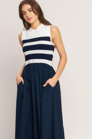 STRIPE ELEGANCE SWEATER WOVEN MIDI DRESS.