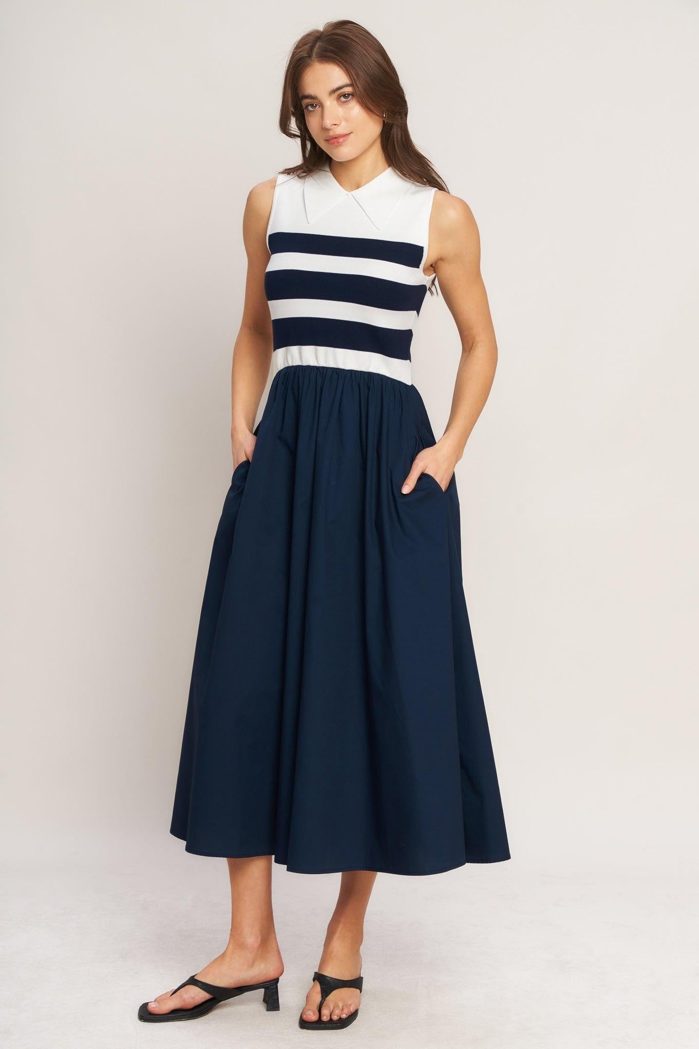 sweater length midi dress STRIPE ELEGANCE SWEATER WOVEN MIDI DRESS L FLYING TOMATO IVORY NAVY / L