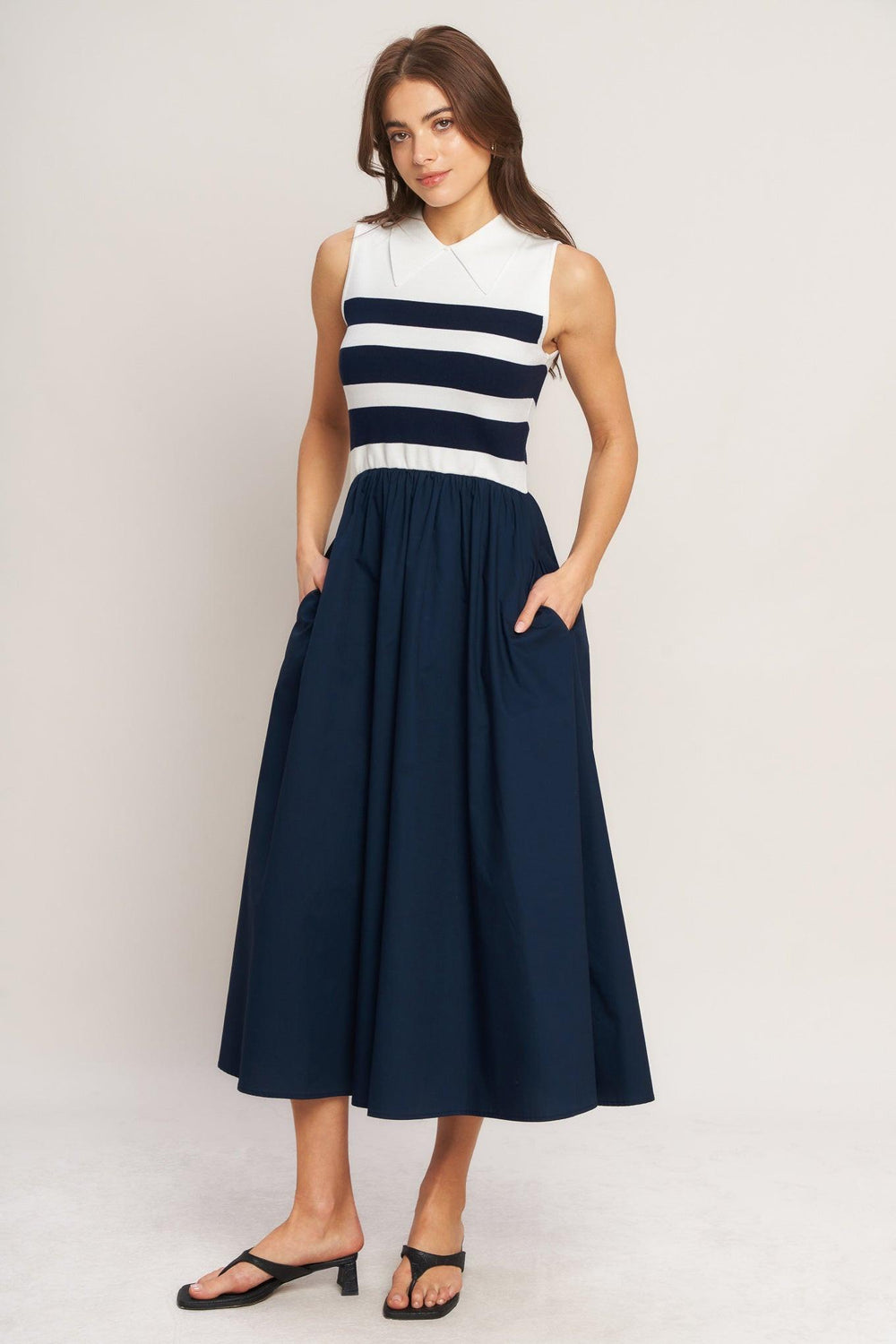 STRIPE ELEGANCE SWEATER WOVEN MIDI DRESS.