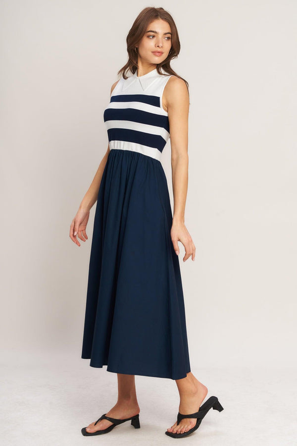 STRIPE ELEGANCE SWEATER WOVEN MIDI DRESS.