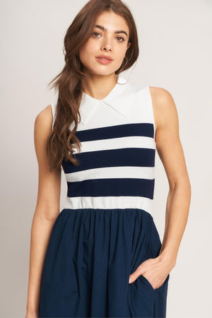 STRIPE ELEGANCE SWEATER WOVEN MIDI DRESS.