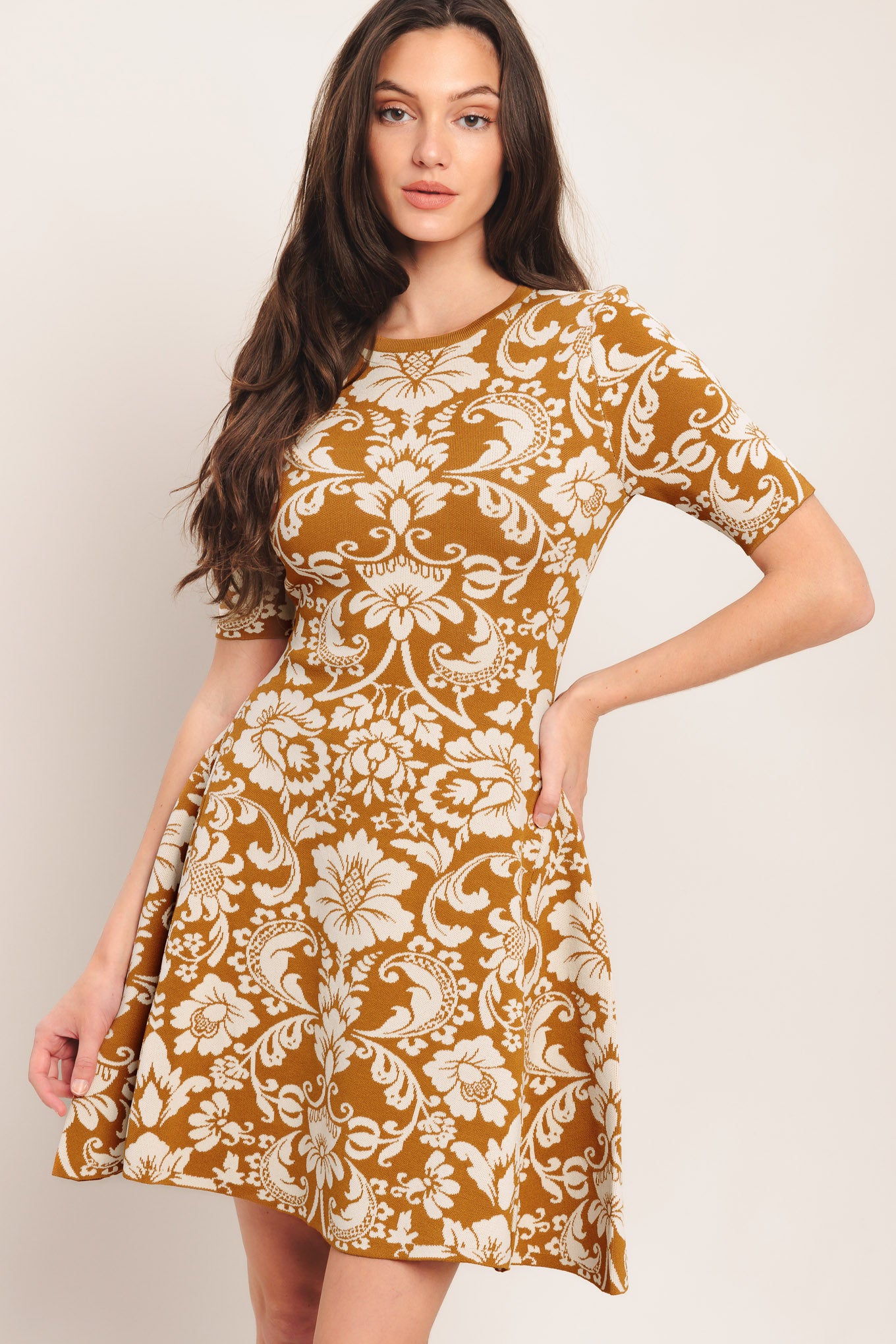 A sweater knit mini dress with round neckline and short sleeve

Details:

Self: 49% Viscose 19% Nylon 32% Polyester

Size & Fit

-Model is 5`8" And Wearing Size Small
-Measurements Taken From Size Small
-Approx. Length: 36"