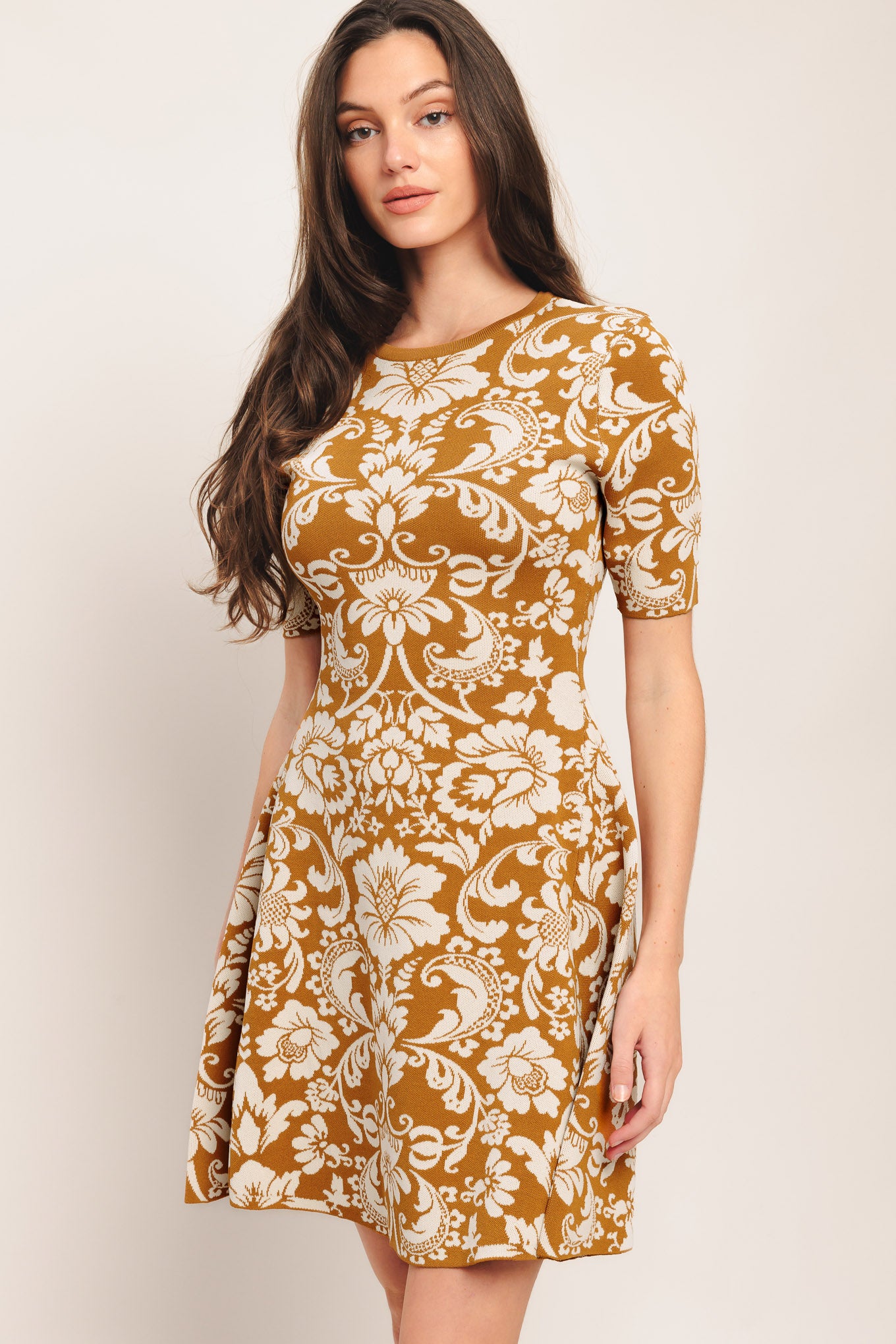 A sweater knit mini dress with round neckline and short sleeve

Details:

Self: 49% Viscose 19% Nylon 32% Polyester

Size & Fit

-Model is 5`8" And Wearing Size Small
-Measurements Taken From Size Small
-Approx. Length: 36"