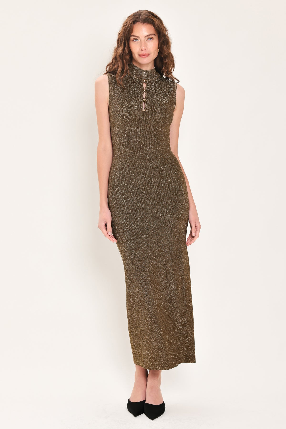 Woman wearing a brown shimmery knitted, sleeveless midi dress with small vertical cut-outs near the chest | Flying Tomato