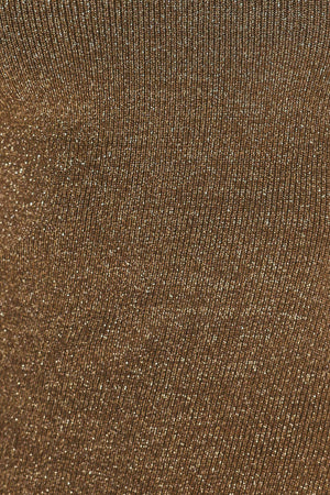 Woman wearing a brown shimmery knitted, sleeveless midi dress with small vertical cut-outs near the chest | Flying Tomato