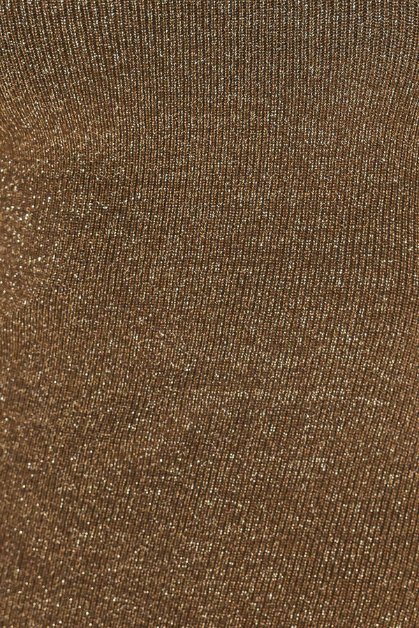 Woman wearing a brown shimmery knitted, sleeveless midi dress with small vertical cut-outs near the chest | Flying Tomato