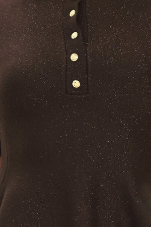 A woman modeling a short-sleeve knit top in dark brown with a buttoned henley neckline and a peplum hem | Flying Tomato