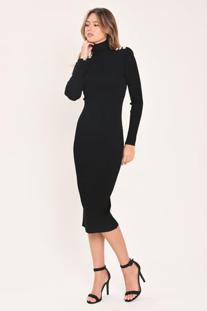 A woman modeling a black long-sleeve mock neck midi dress | Flying Tomato