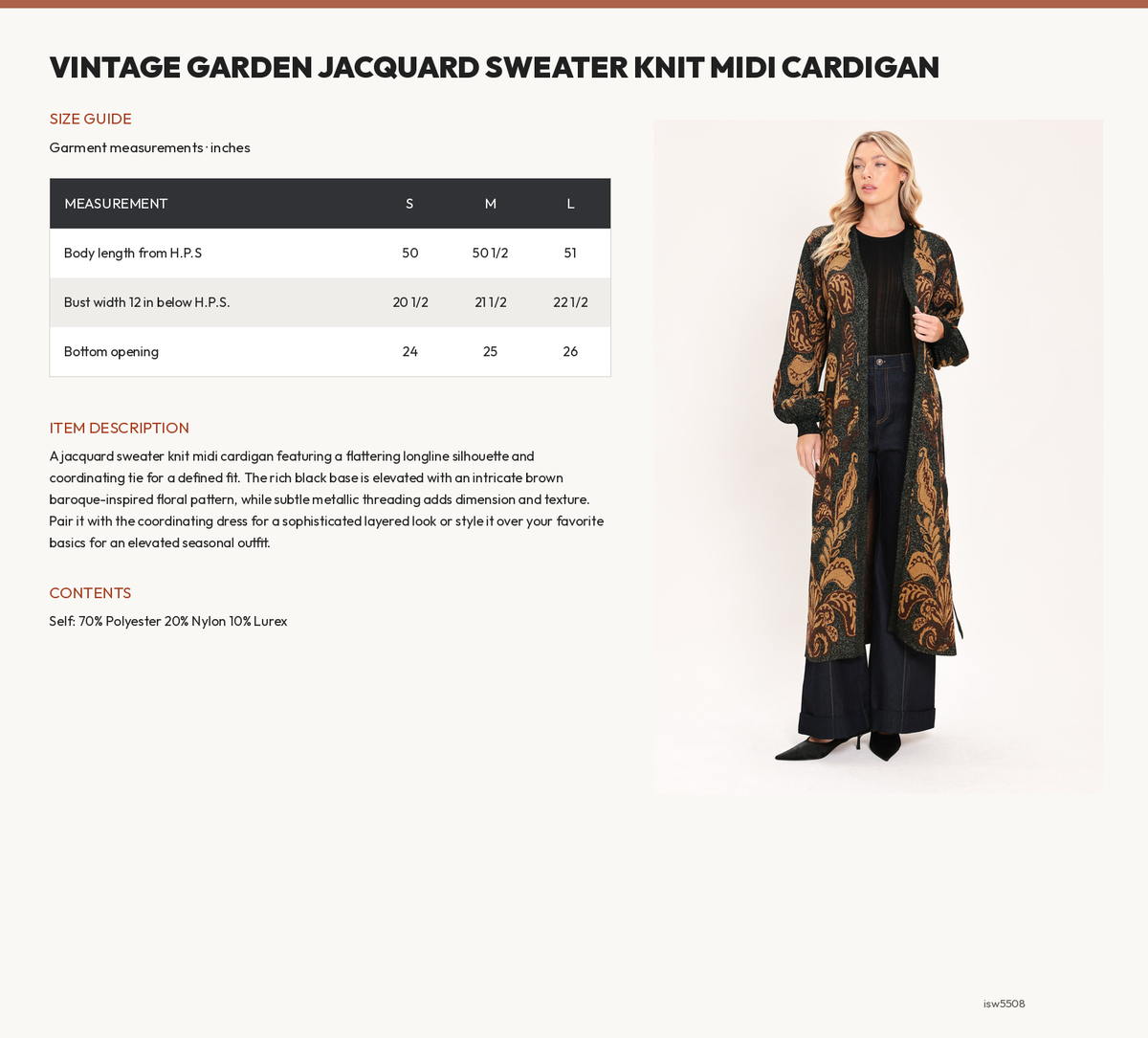 VINTAGE GARDEN JACQUARD SWEATER KNIT MIDI CARDIGAN size chart