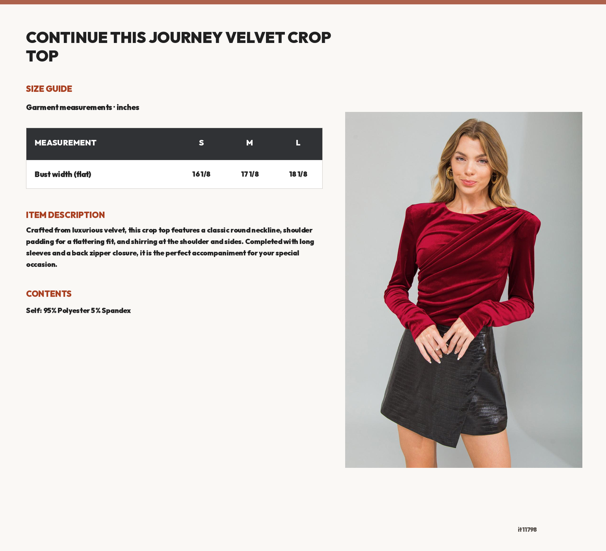 CONTINUE THIS JOURNEY VELVET CROP TOP size chart