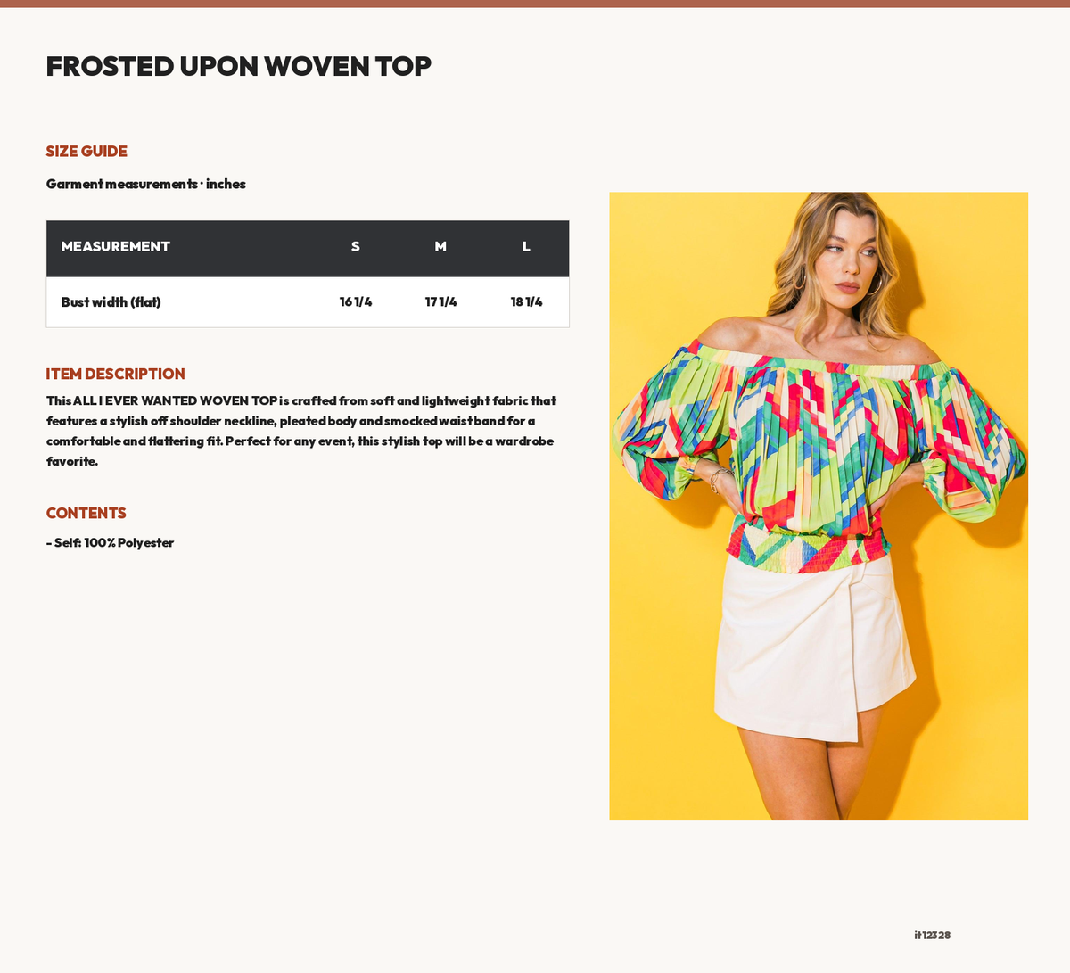 FROSTED UPON WOVEN TOP size chart