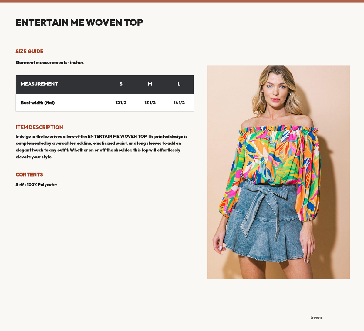 ENTERTAIN ME WOVEN TOP size chart