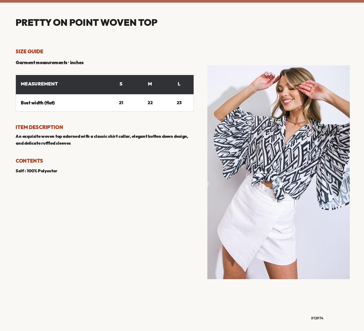 PRETTY ON POINT WOVEN TOP size chart