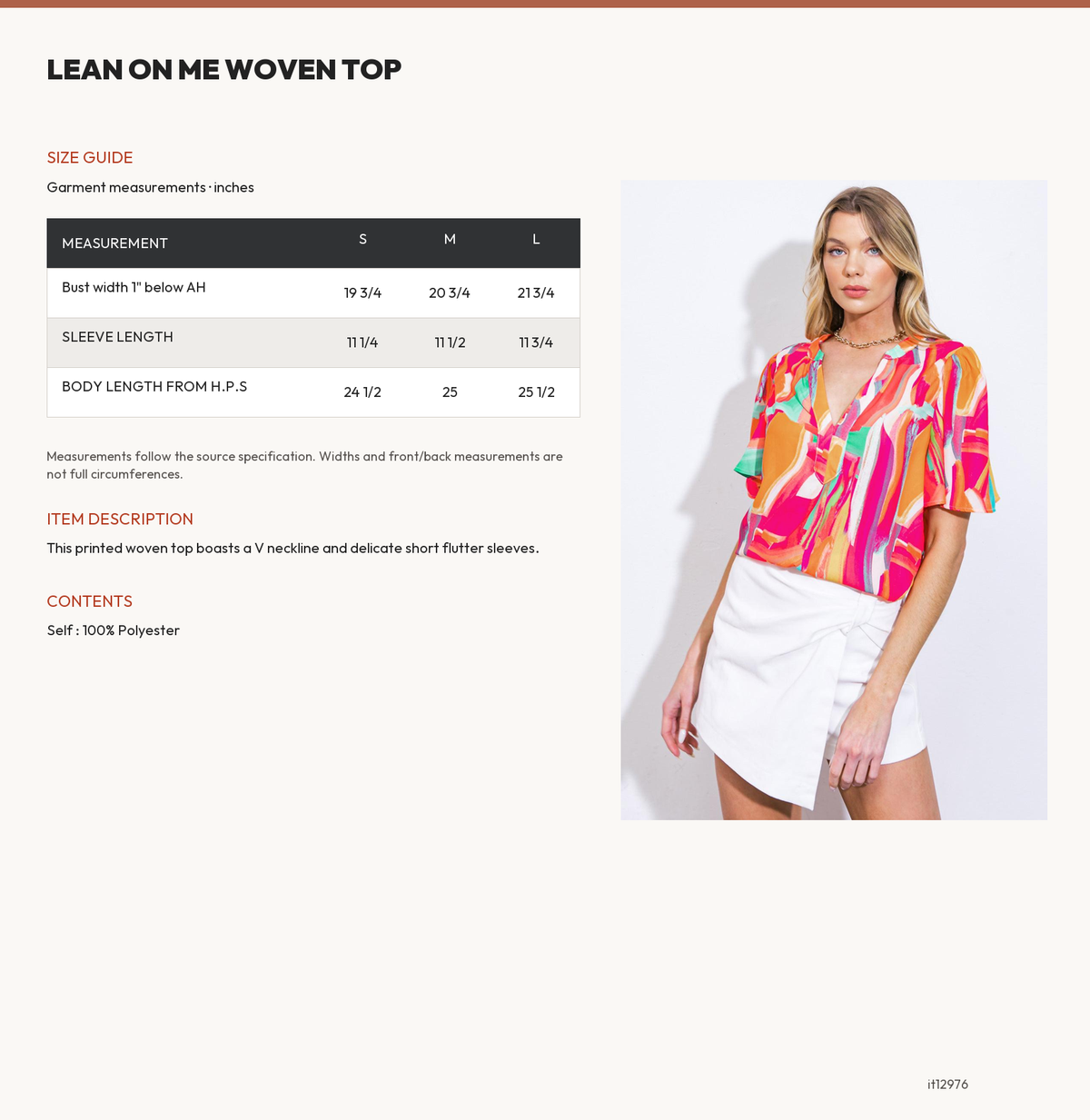 LEAN ON ME WOVEN TOP size chart