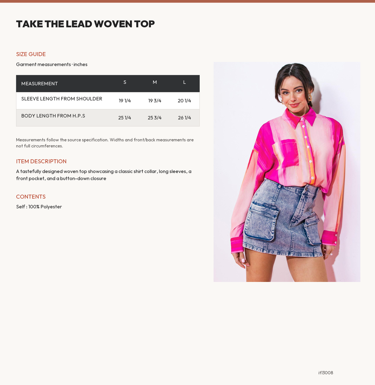 TAKE THE LEAD WOVEN TOP size chart