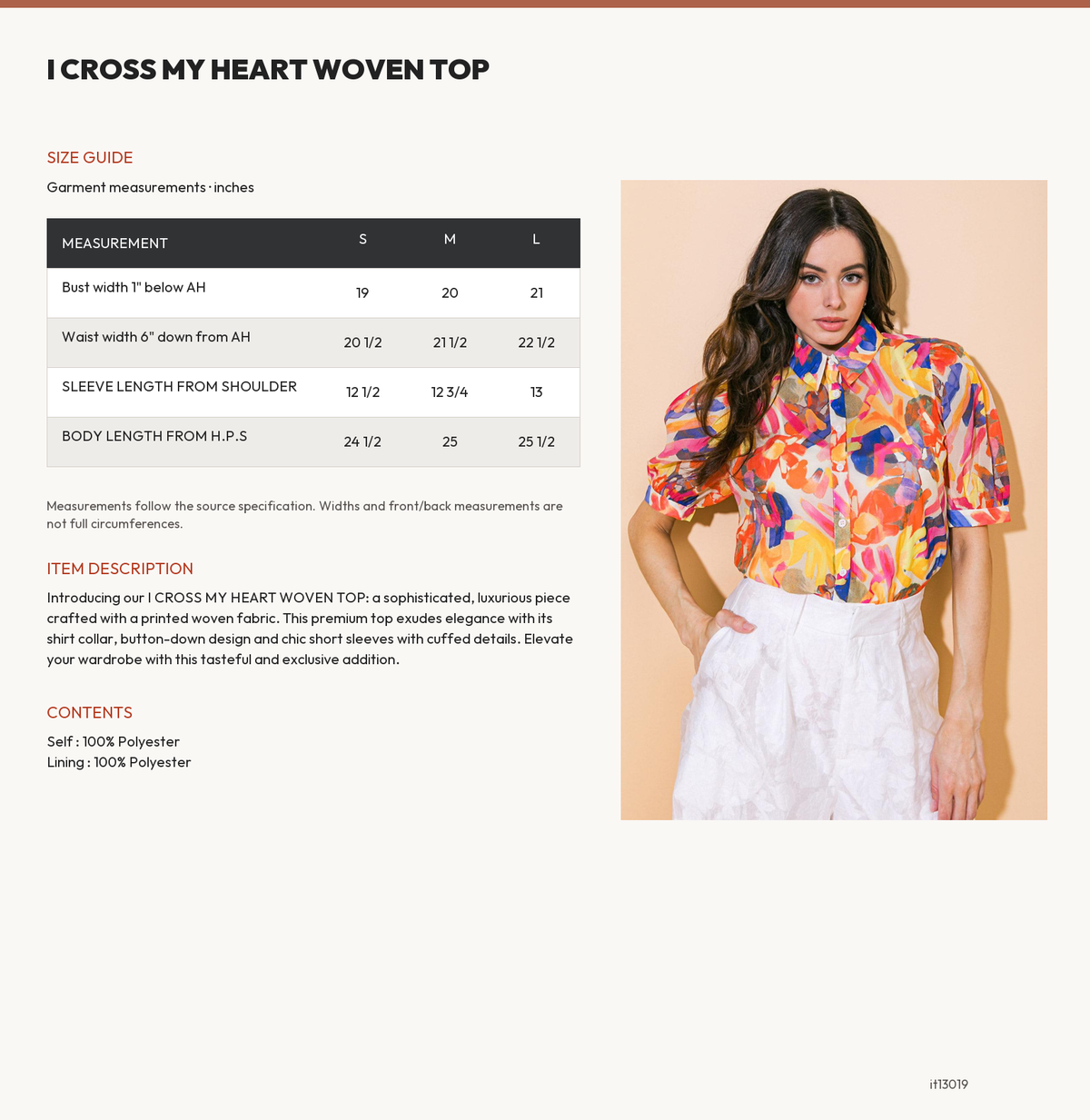 I CROSS MY HEART WOVEN TOP size chart