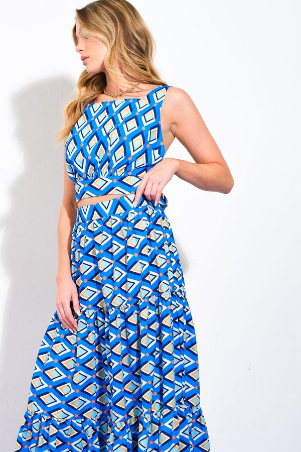 SUMMER JOURNEY WOVEN TOP AND SKIRT SET.