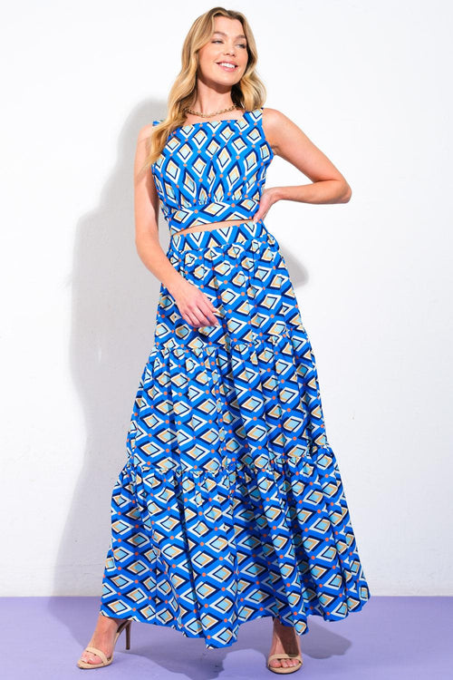 SUMMER JOURNEY WOVEN TOP AND SKIRT SET.