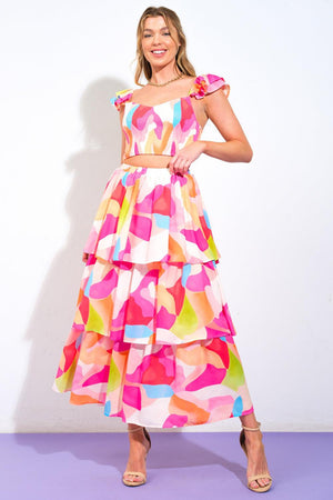 ABSOLUTE EDGE PINK WOVEN TOP AND SKIRT.