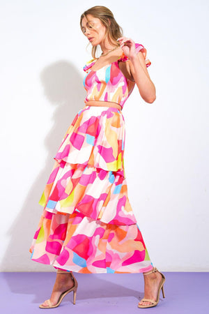 ABSOLUTE EDGE PINK WOVEN TOP AND SKIRT.