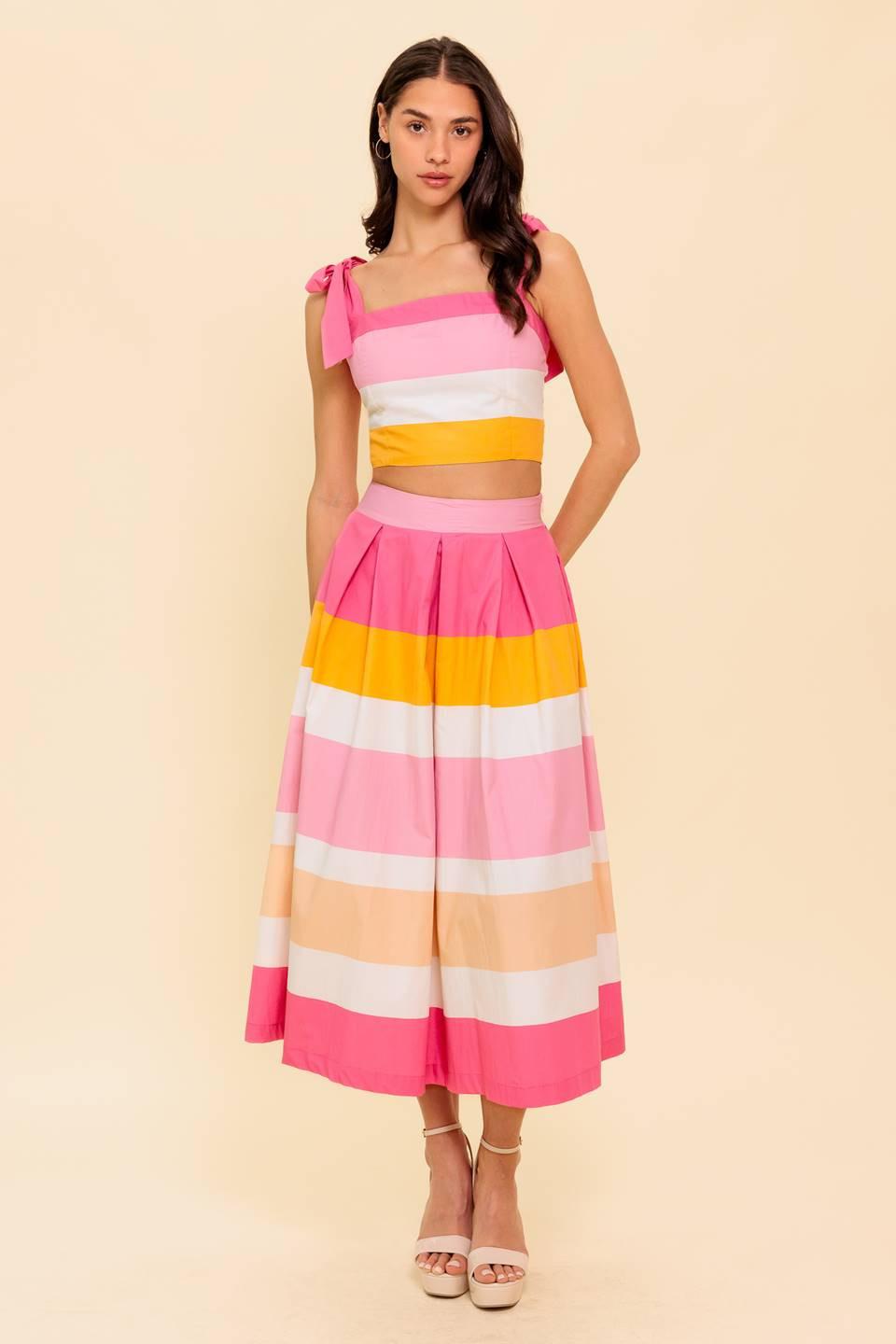 THE SPACE BETWEEN PINK WOVEN TOP AND SKIRT SET.