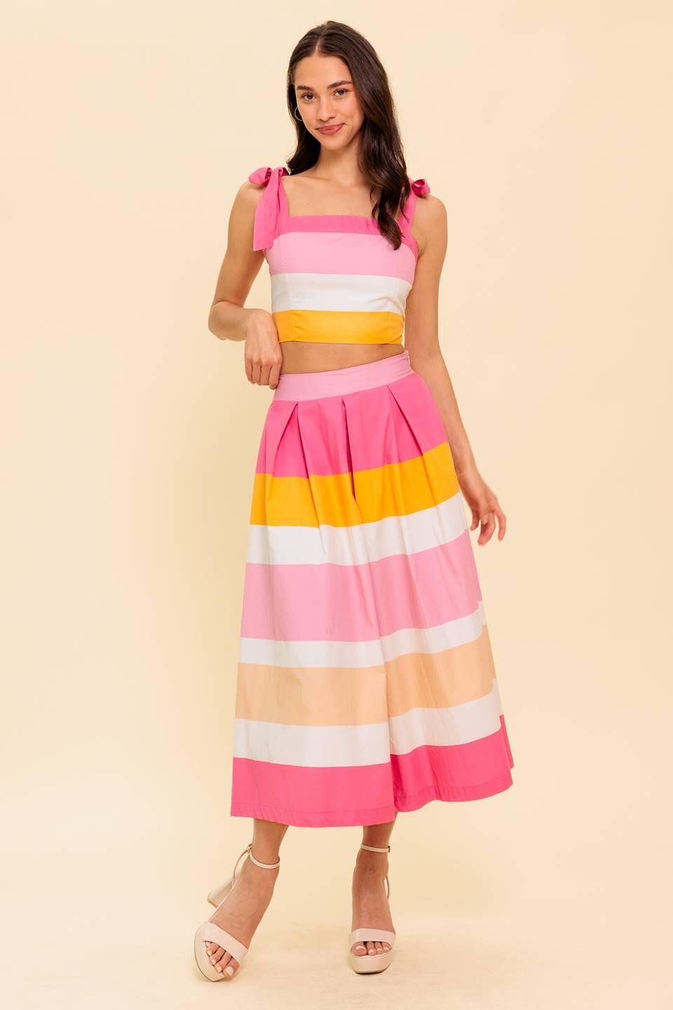 THE SPACE BETWEEN PINK WOVEN TOP AND SKIRT SET.