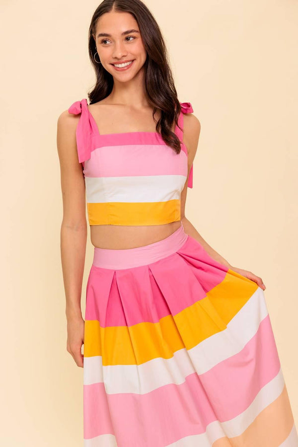 THE SPACE BETWEEN PINK WOVEN TOP AND SKIRT SET.