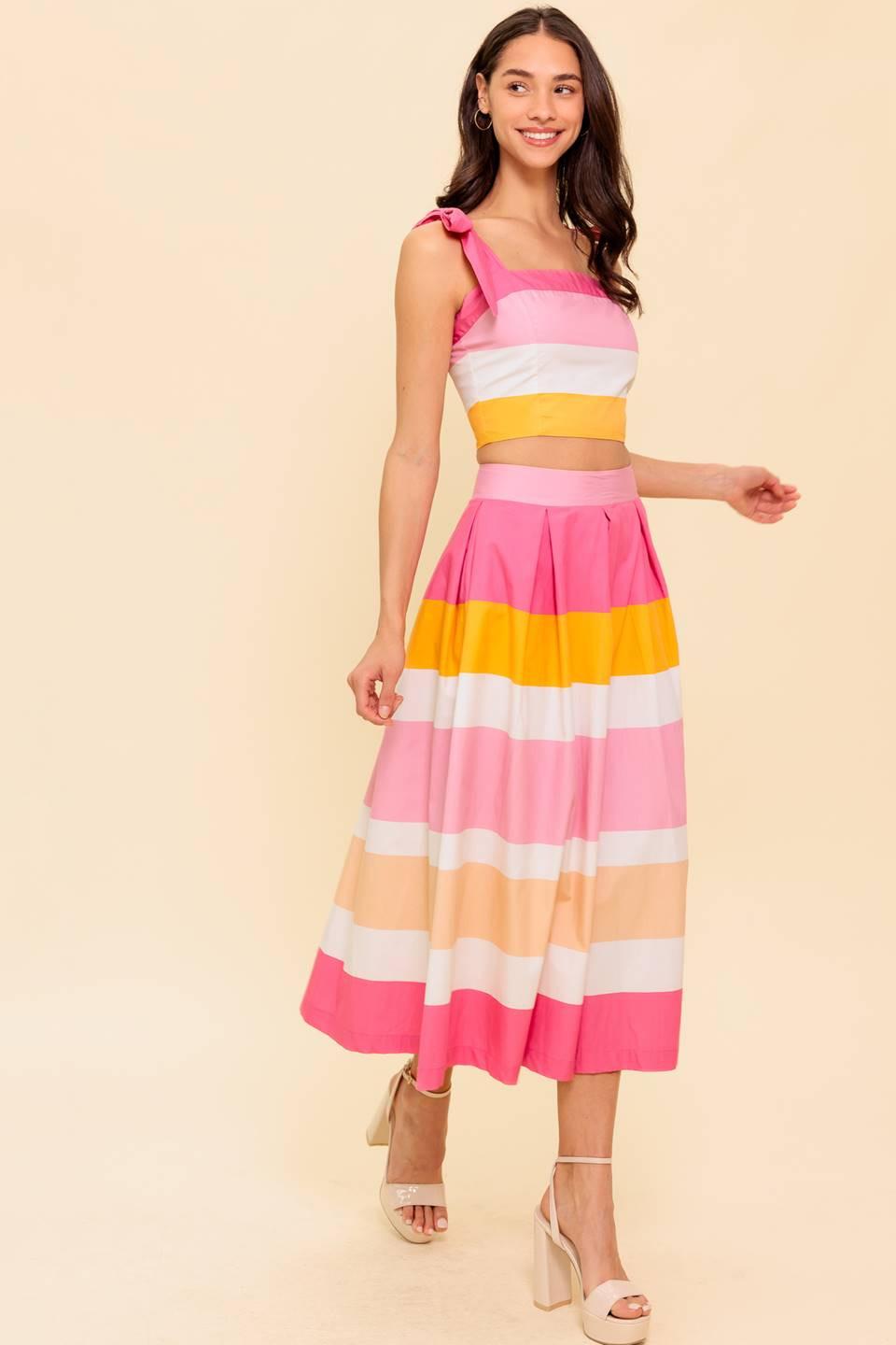 THE SPACE BETWEEN PINK WOVEN TOP AND SKIRT SET.