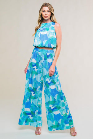 MARITIME MUSE WOVEN PLISSE TOP AND PANT SET.