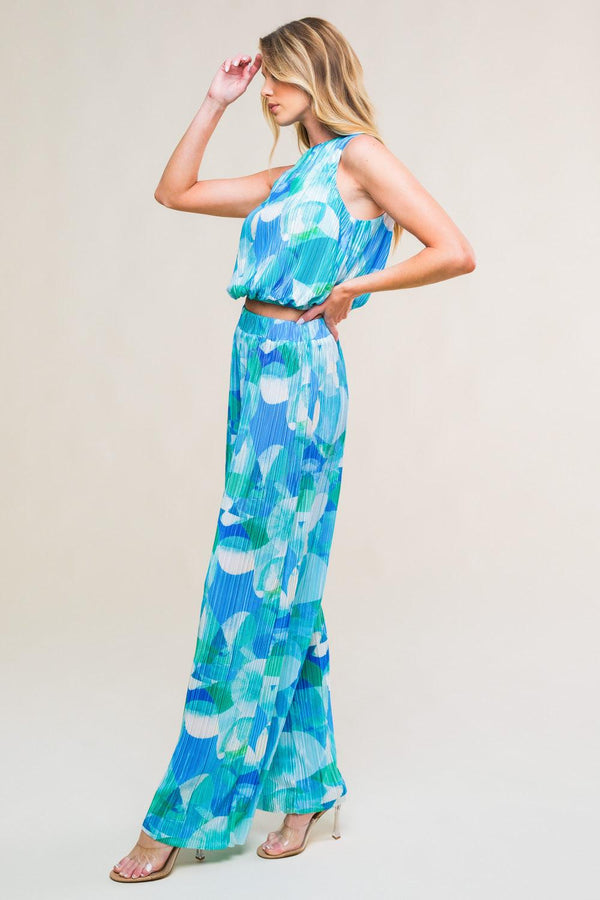 MARITIME MUSE WOVEN PLISSE TOP AND PANT SET.