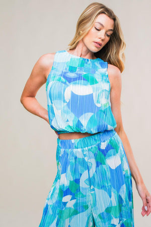 MARITIME MUSE WOVEN PLISSE TOP AND PANT SET.