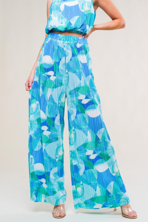 MARITIME MUSE WOVEN PLISSE TOP AND PANT SET.