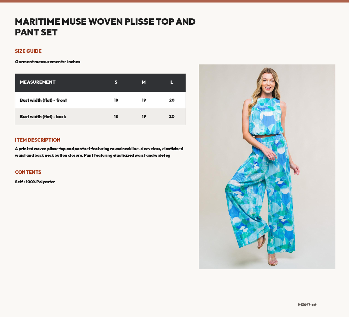 MARITIME MUSE WOVEN PLISSE TOP AND PANT SET size chart