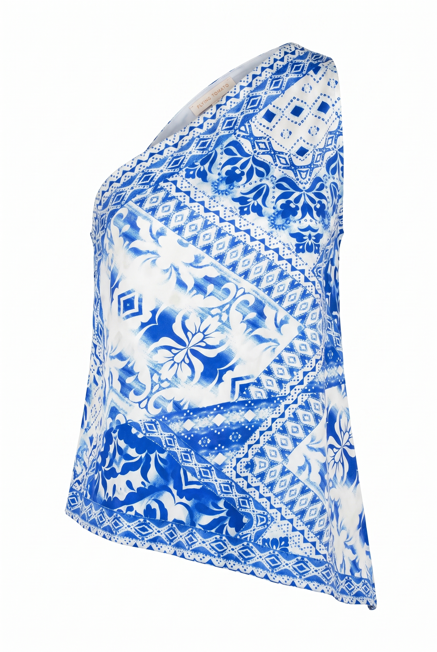 A one-shoulder sleeveless top featuring a vibrant blue and white floral and geometric pattern, shown against a plain white background.