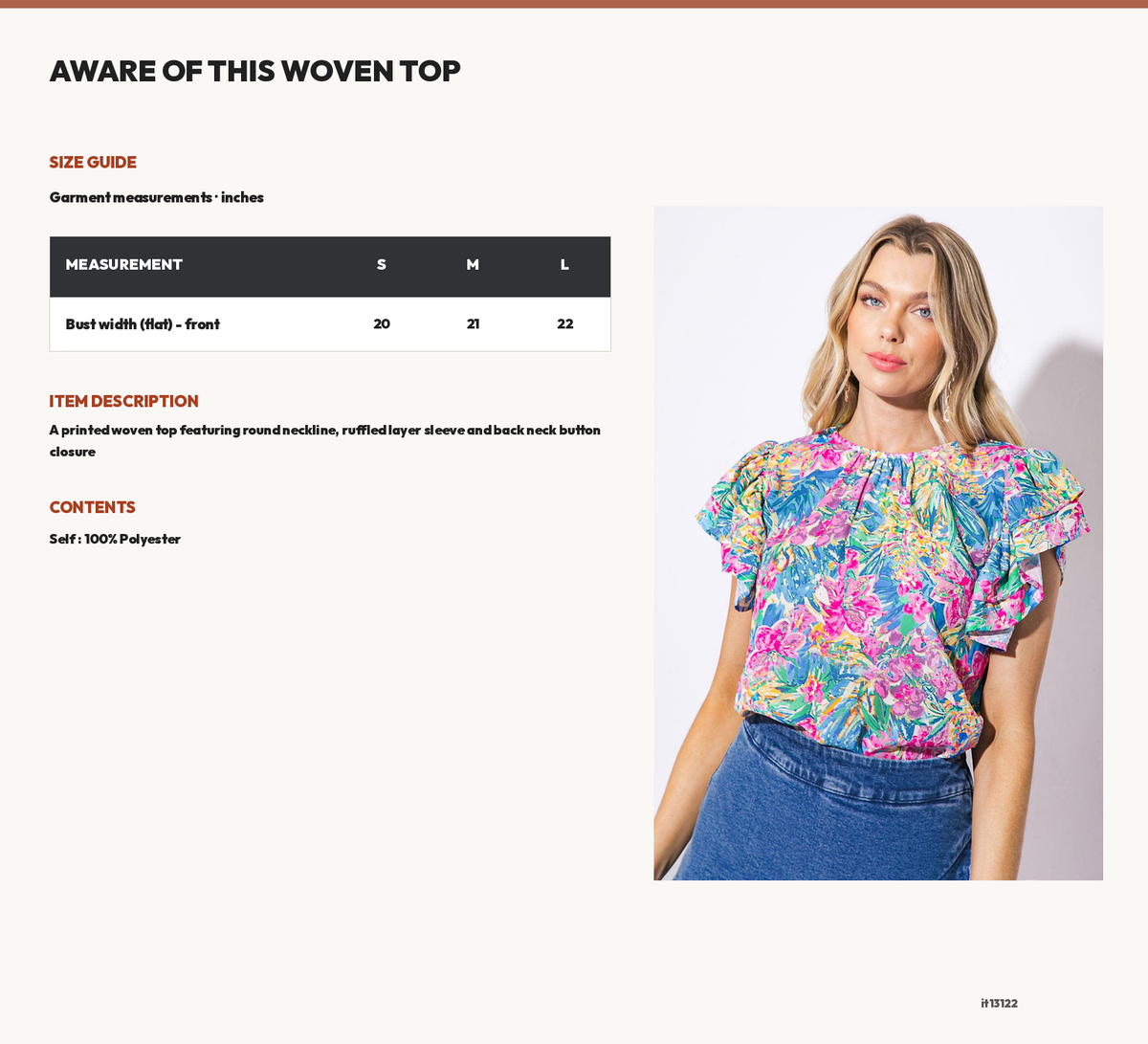 AWARE OF THIS WOVEN TOP size chart