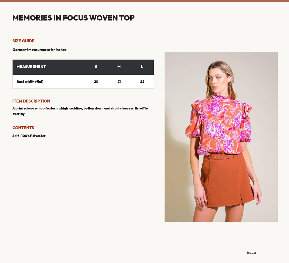 MEMORIES IN FOCUS WOVEN TOP size chart