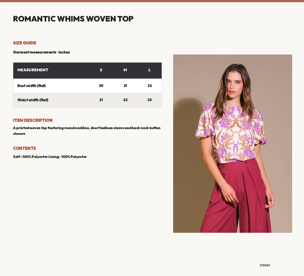 ROMANTIC WHIMS WOVEN TOP size chart
