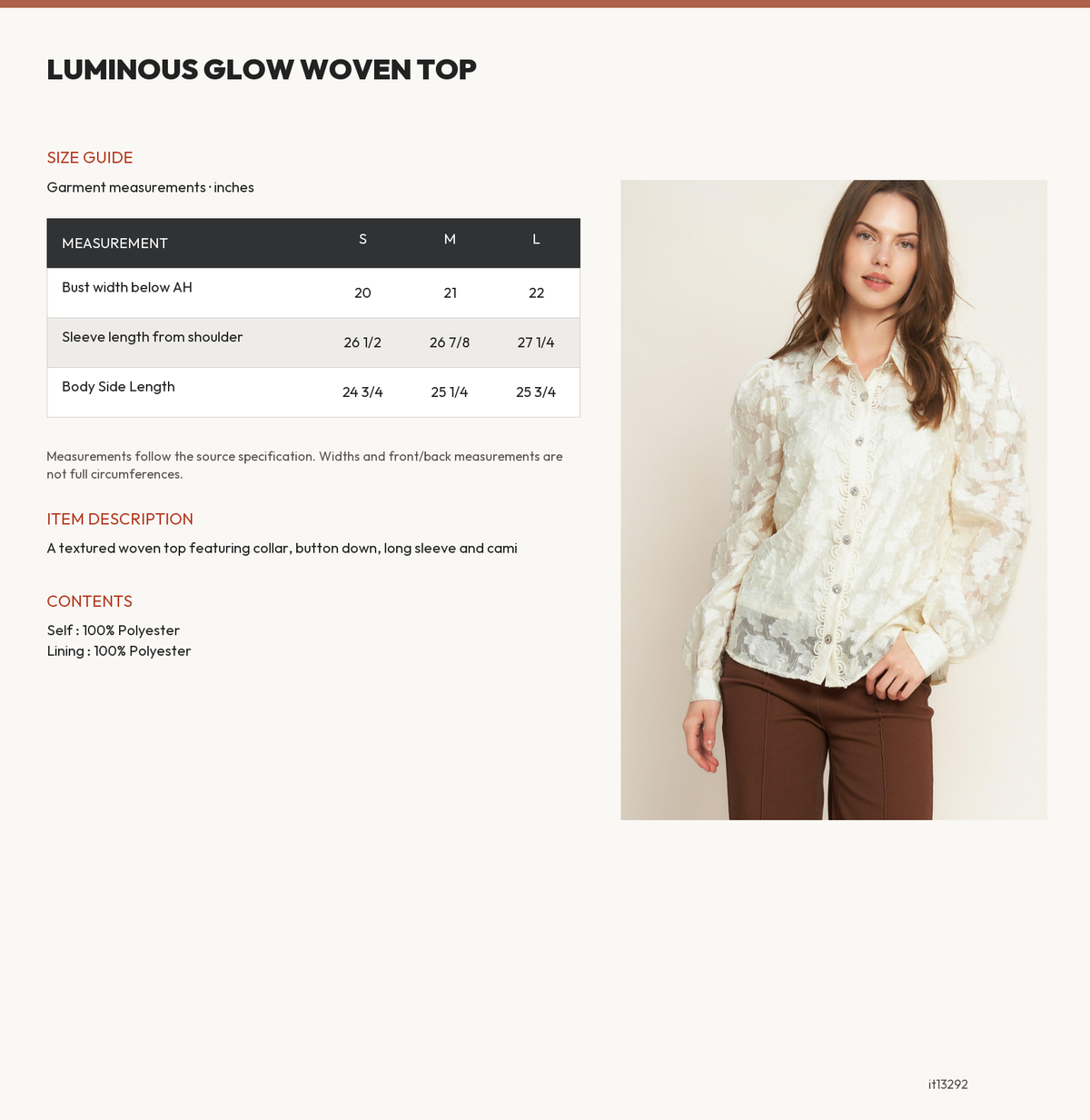 LUMINOUS GLOW WOVEN TOP size chart