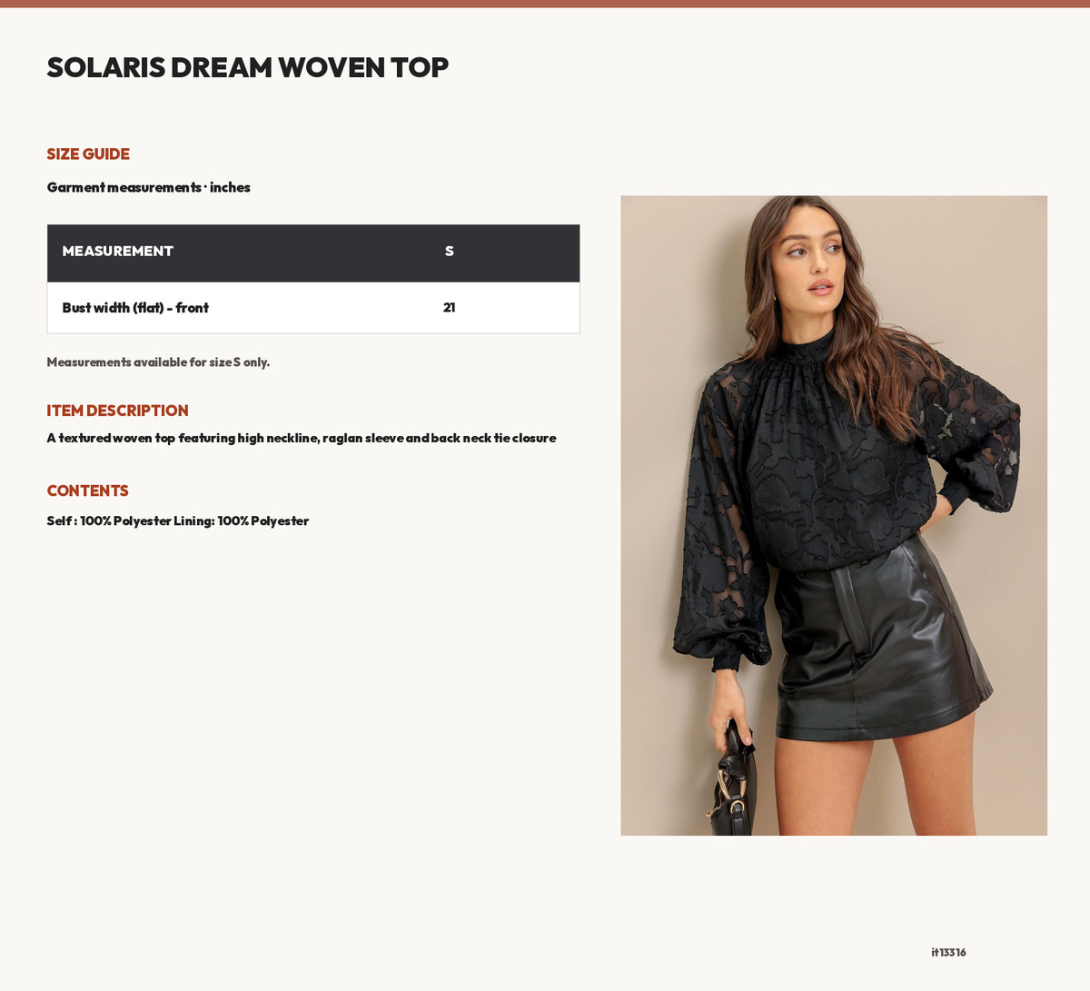 SOLARIS DREAM WOVEN TOP size chart