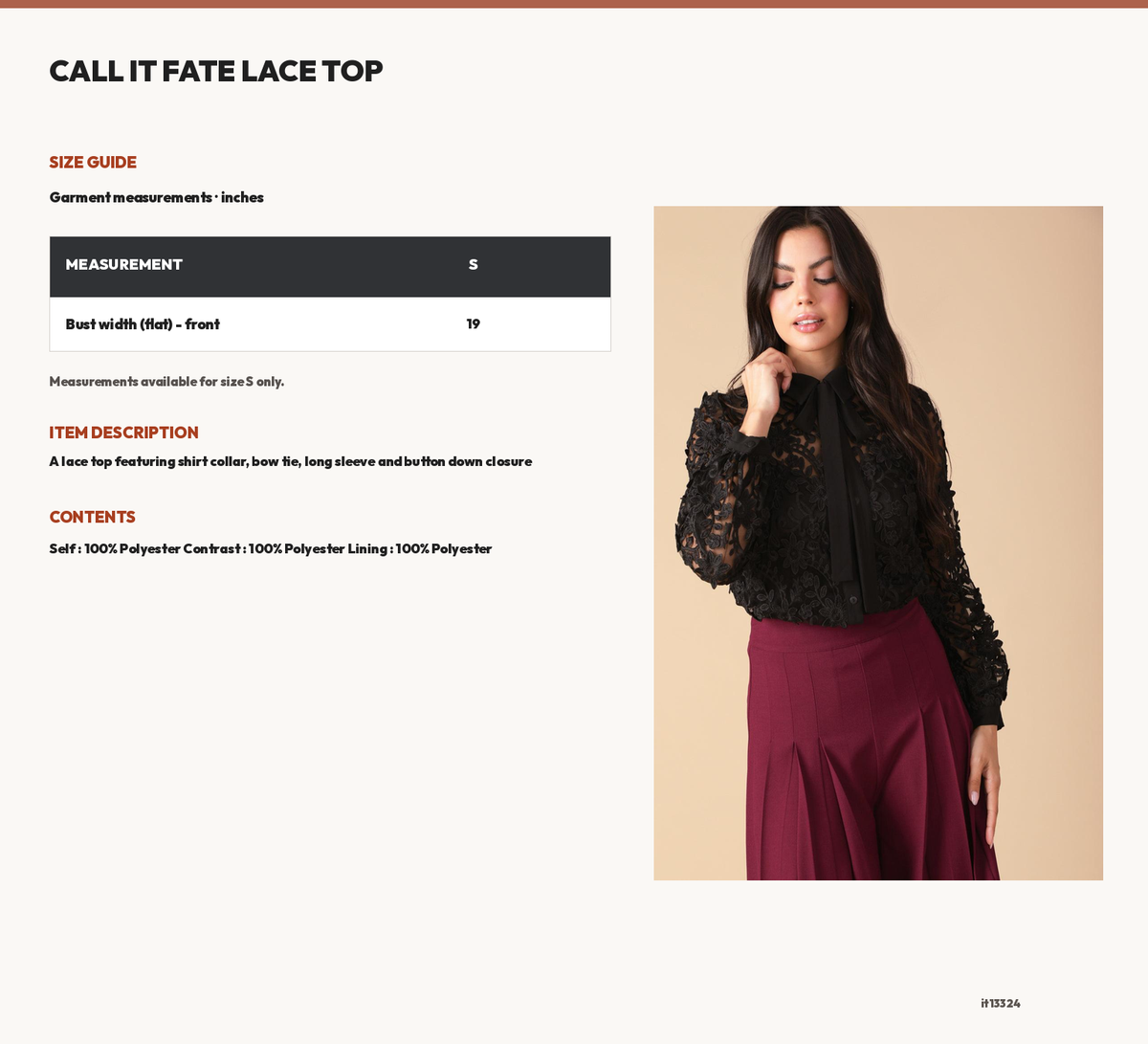 CALL IT FATE LACE TOP size chart