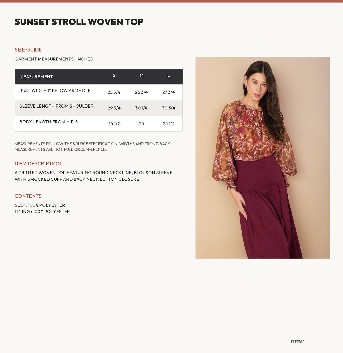 SUNSET STROLL WOVEN TOP size chart