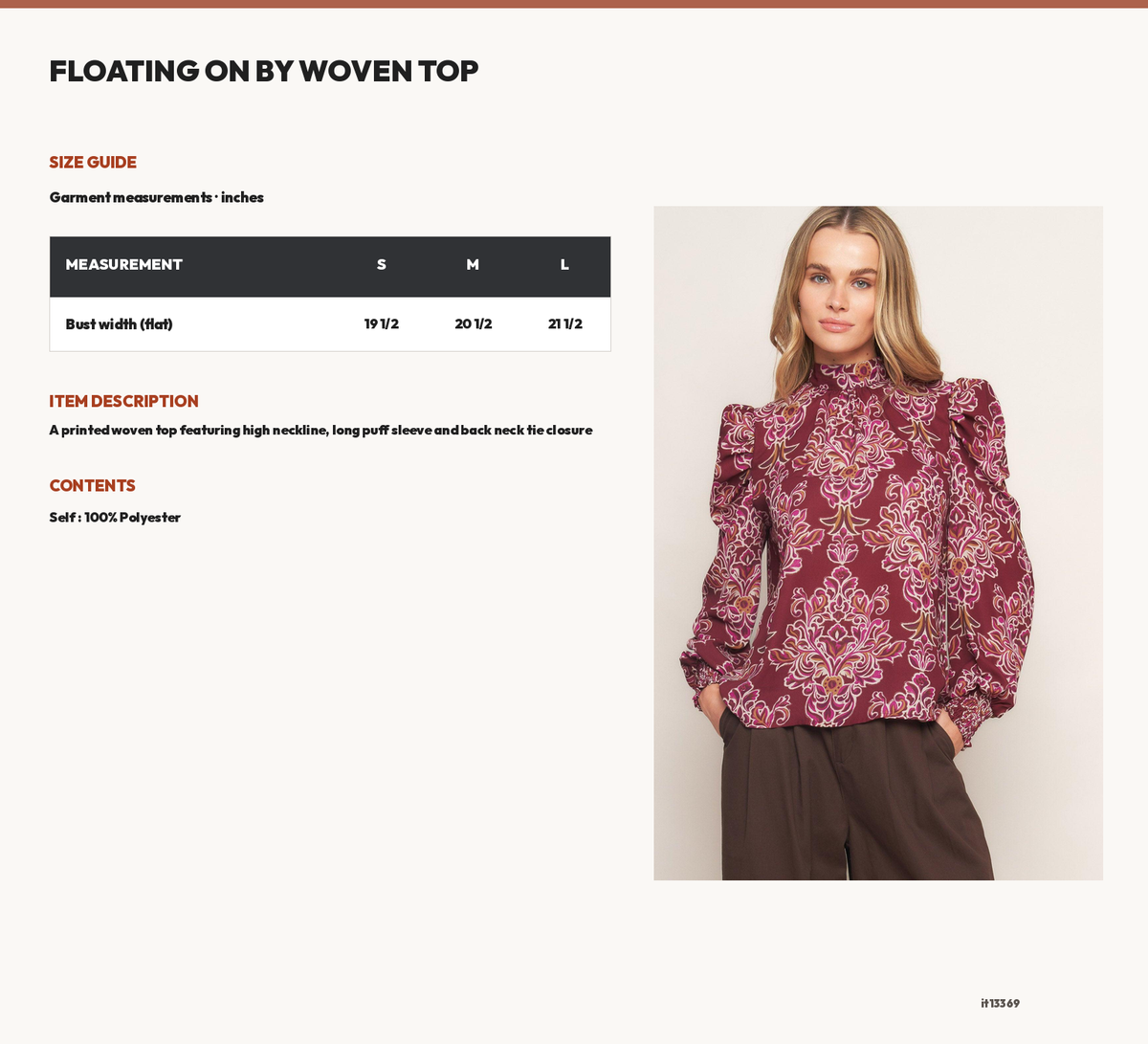 FLOATING ON BY WOVEN TOP size chart
