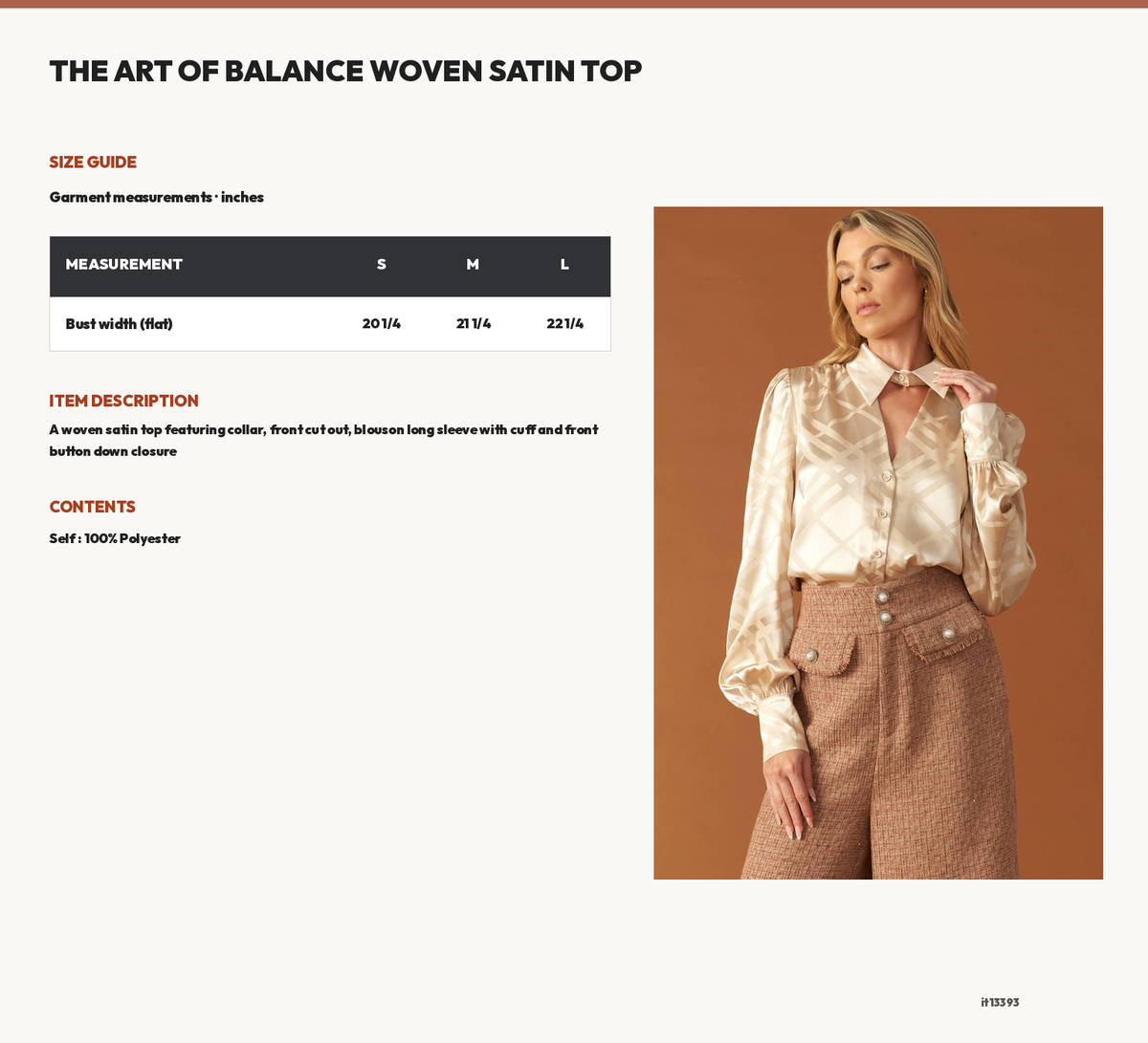 THE ART OF BALANCE WOVEN SATIN TOP size chart