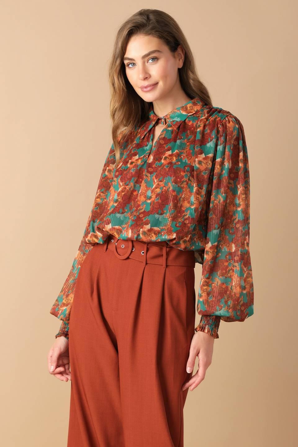 NOSTALGIC TEAL BROWN WOVEN TOP.