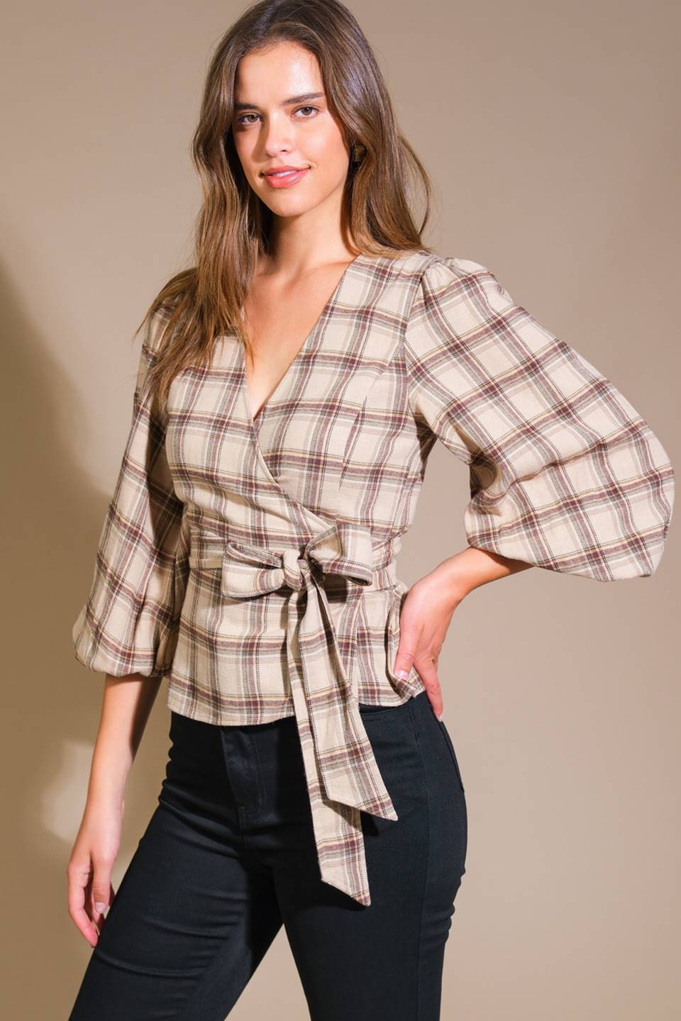 WHAT YOU NEED WOVEN PLAID TOP