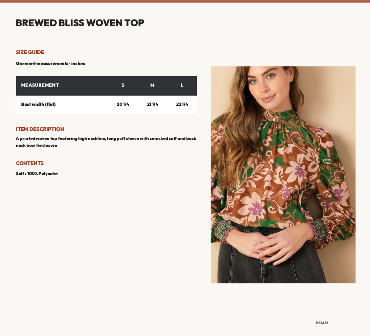 BREWED BLISS WOVEN TOP size chart
