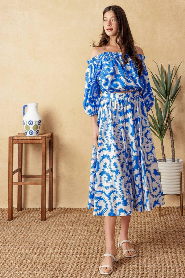 SUNSET SASHAY BLUE TOP AND SKIRT SET.