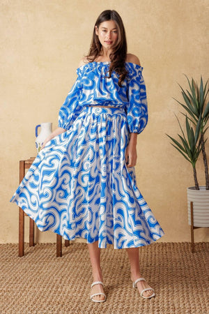 SUNSET SASHAY BLUE TOP AND SKIRT SET.