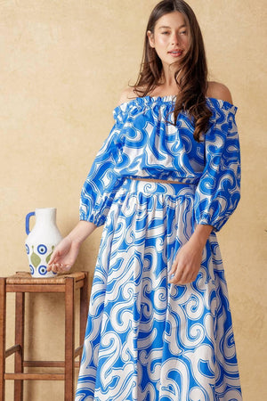SUNSET SASHAY BLUE TOP AND SKIRT SET.