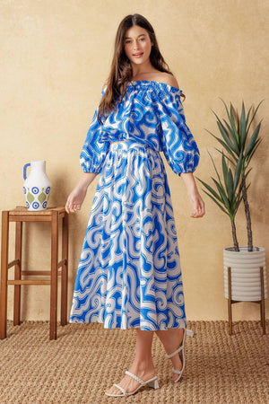 SUNSET SASHAY BLUE TOP AND SKIRT SET.